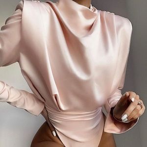 House of CB Giselle Blush Satin Blouse Bodysuit